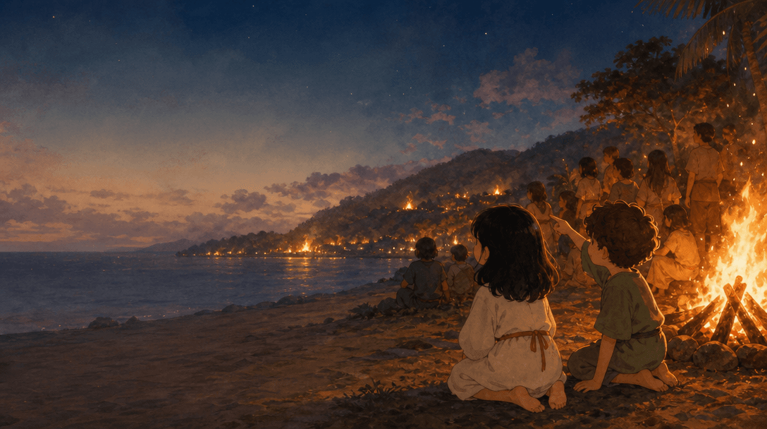 Ilustración de la escena 5: El origen de la noche de San Juan: el cuento de Lúa y la primera hoguera