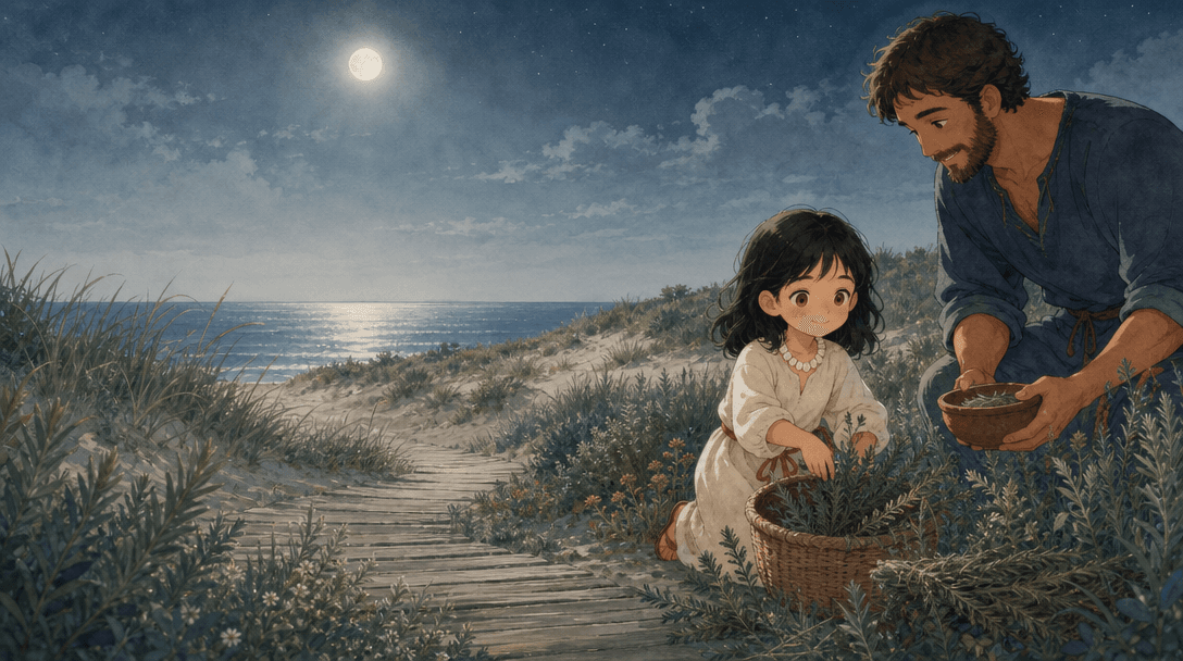Ilustración de la escena 7: El origen de la noche de San Juan: el cuento de Lúa y la primera hoguera