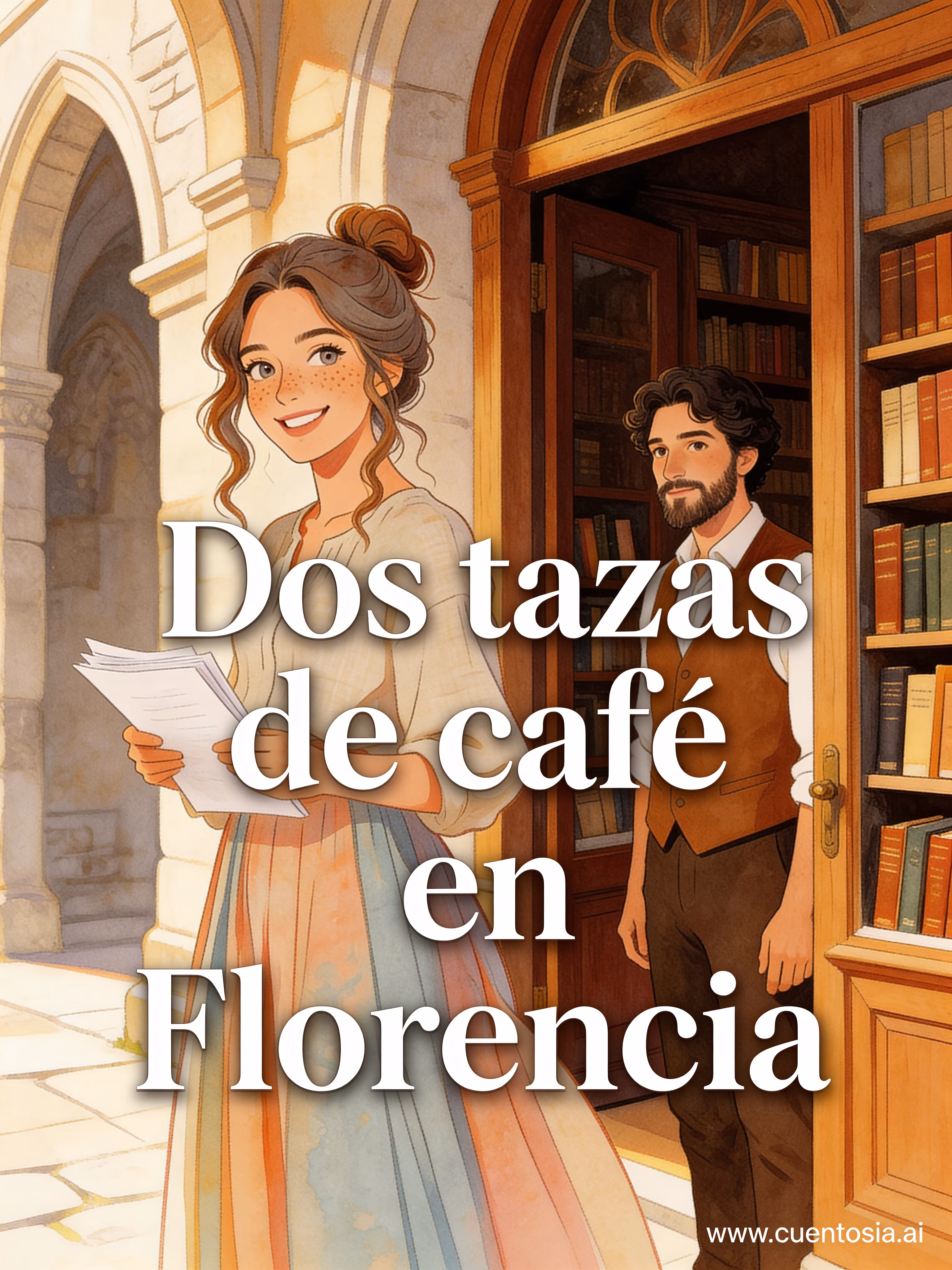 Portada ilustrada del cuento «Dos tazas de café en Florencia», Romántico, ilustración en Acuarela