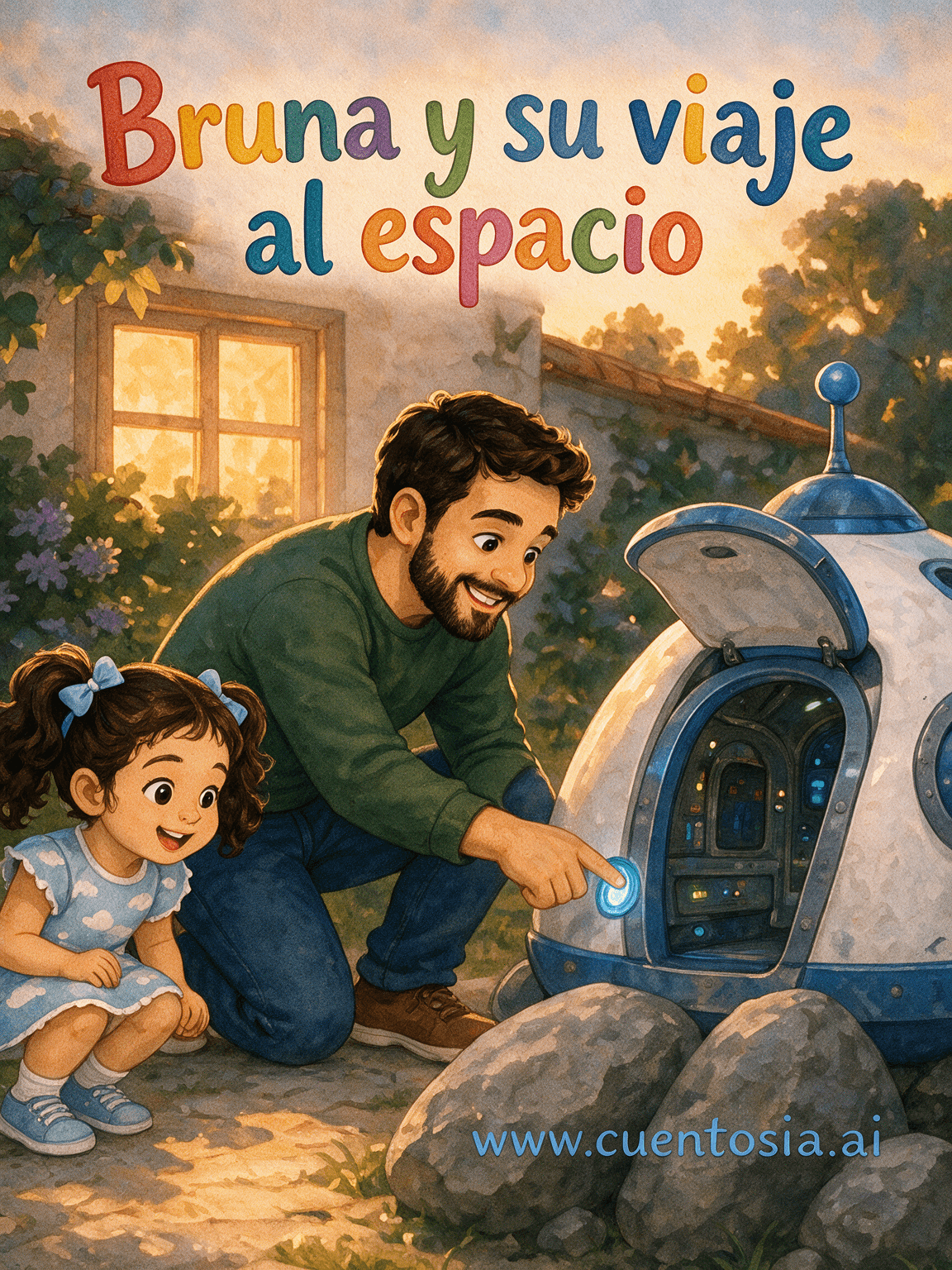 Portada ilustrada del cuento «Bruna y su viaje al espacio», Espacio, para niños de 3 a 6 años