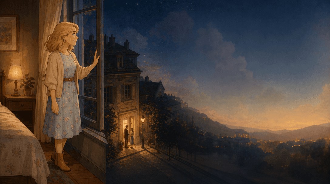 Ilustración de la escena 2: La primera noche con la ventana abierta