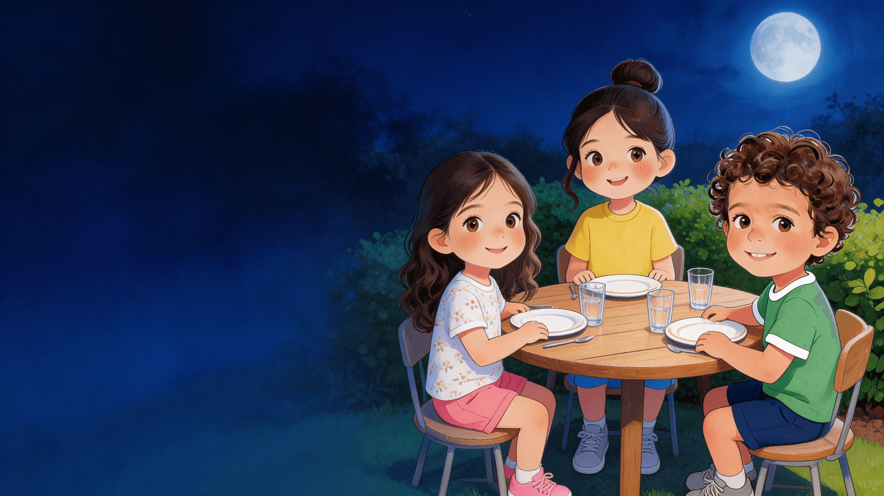 Ilustración de la escena 1: Valentina, Mateo y la luna que se escondió