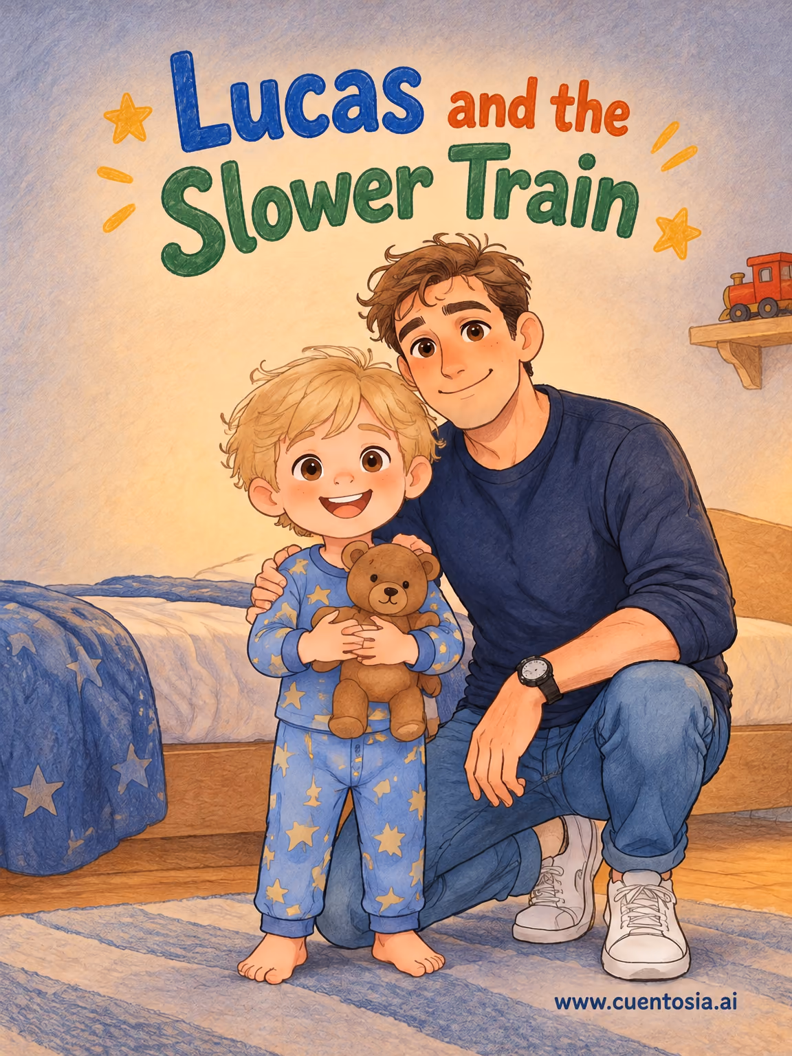 Illustrated cover of the story “Lucas and the Slower Train”, Emotions, Colored Pencil illustration, for ages 2 to 4