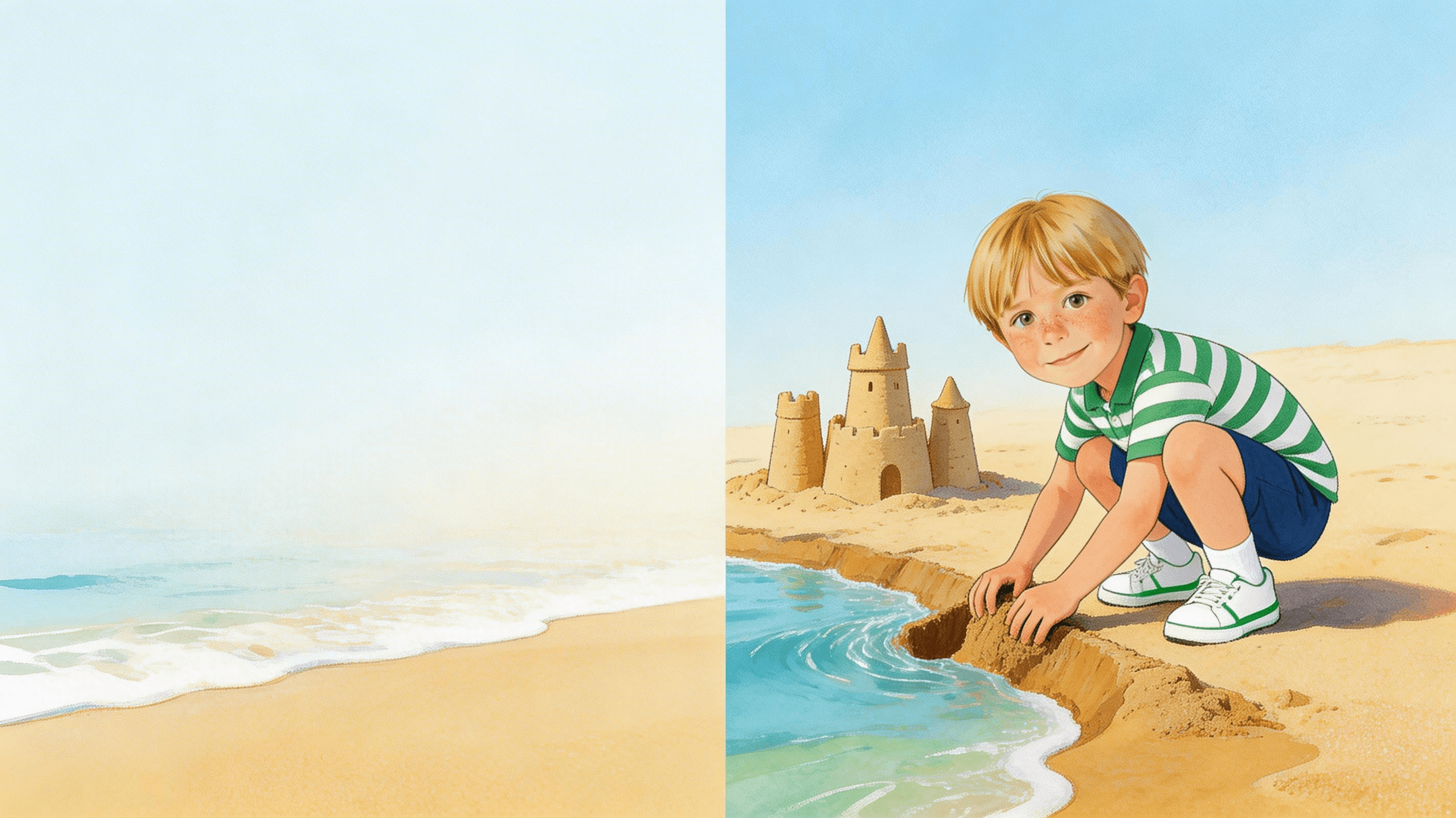 Ilustración de la escena 5: Leo y el castillo de arena que tardó mil horas