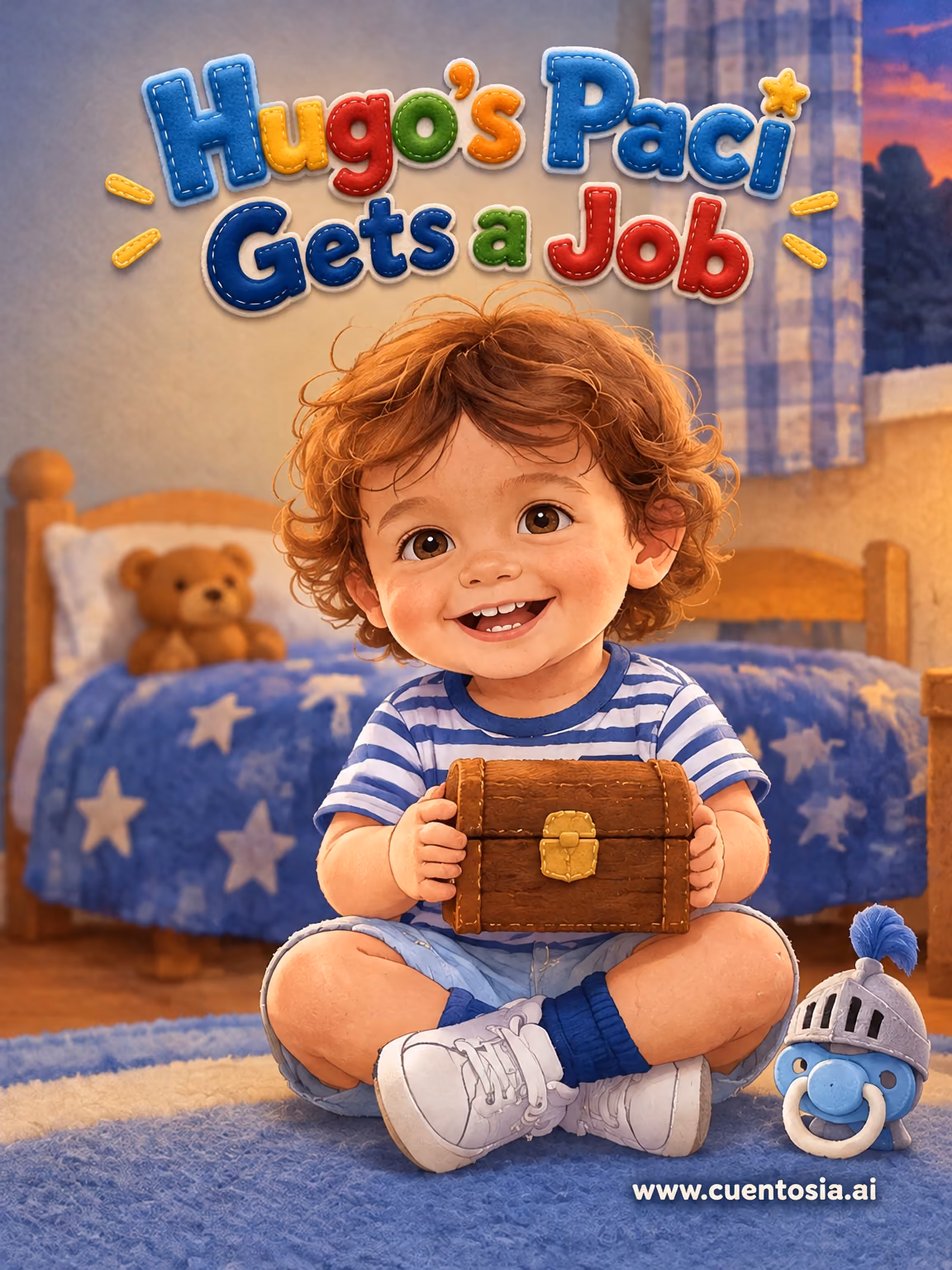 Illustrated cover of the story “Hugo’s Paci Gets a Job”, Emotions, Felt illustration, for ages 2 to 4