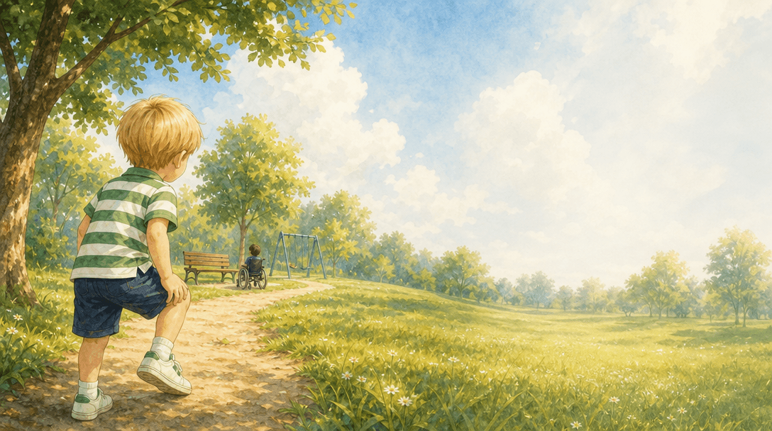 Ilustración de la escena 2: Leo y el niño de la silla con ruedas