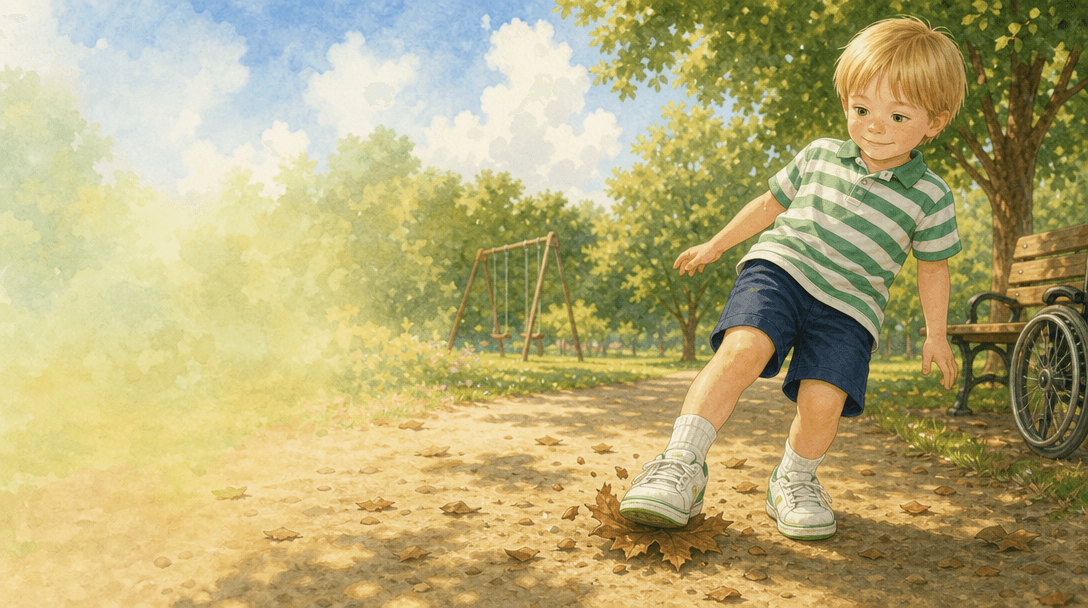 Ilustración de la escena 3: Leo y el niño de la silla con ruedas