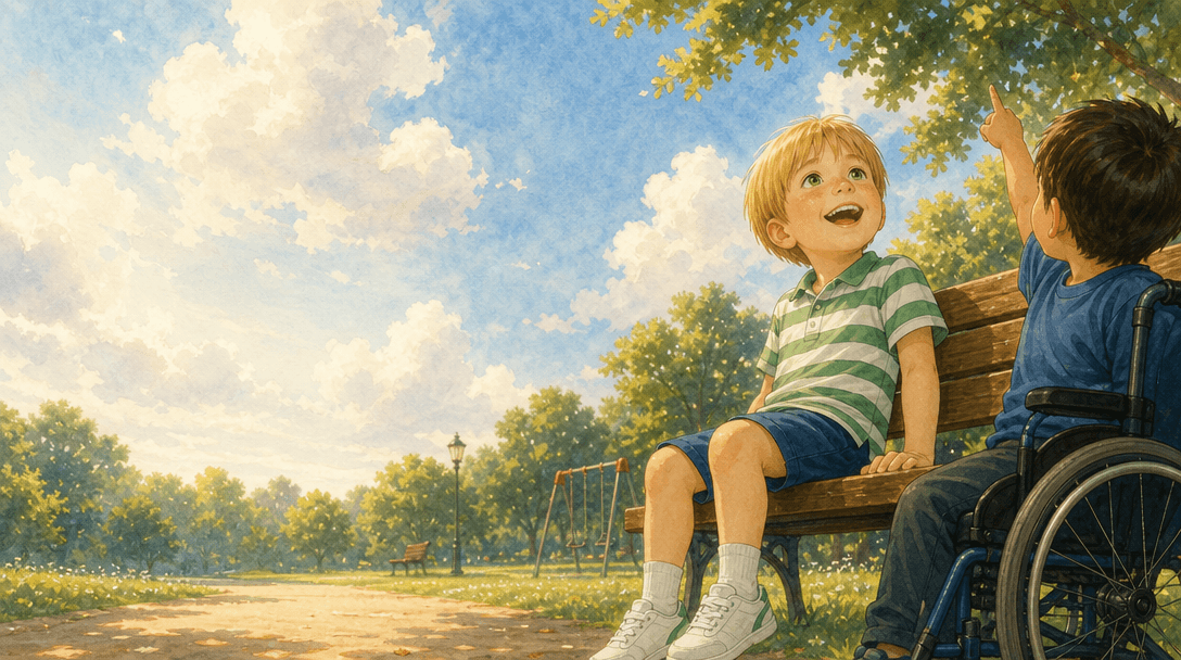 Ilustración de la escena 5: Leo y el niño de la silla con ruedas