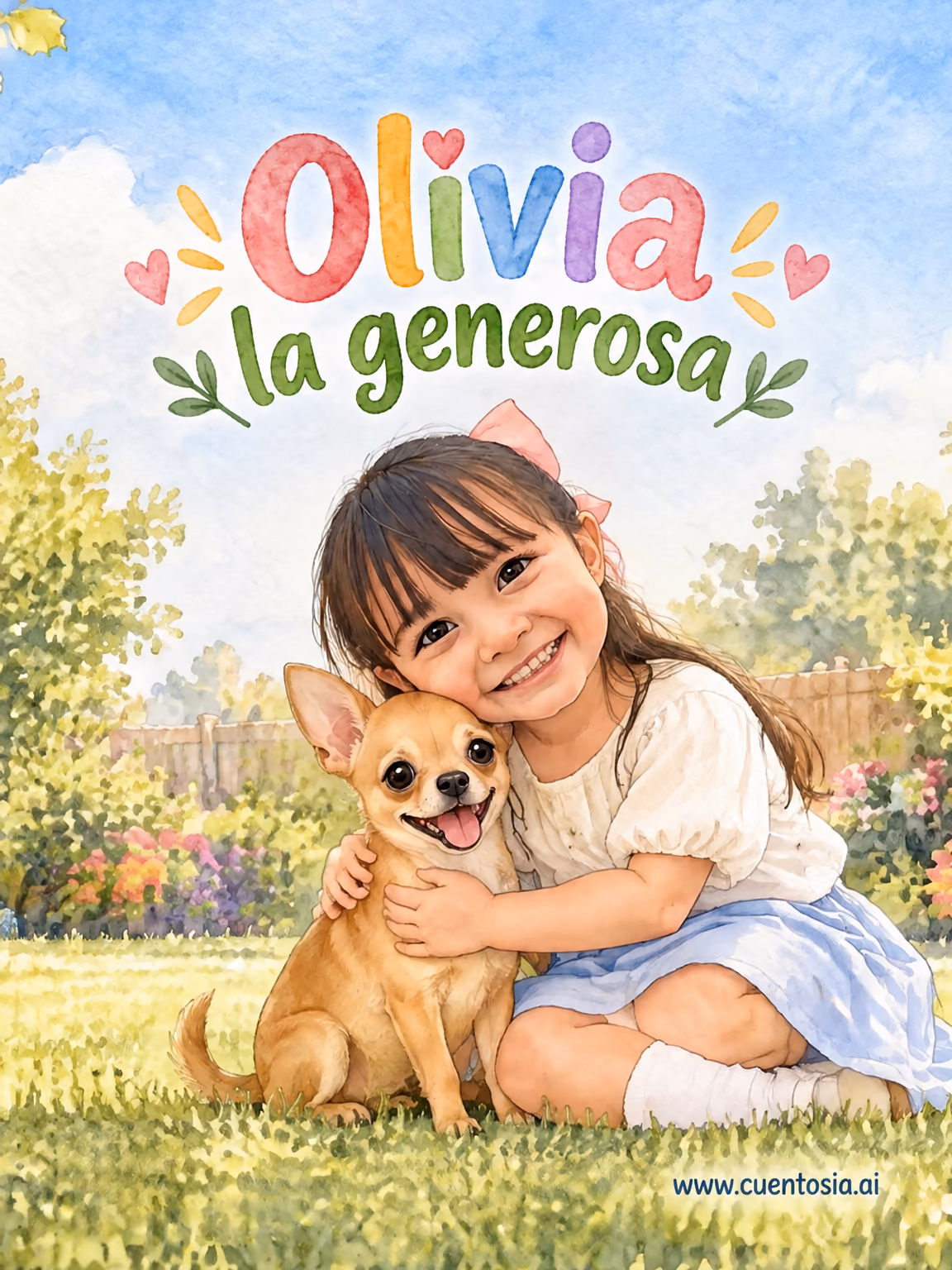 Portada ilustrada del cuento «Olivia la generosa», Educación emocional, ilustración en Acuarela
