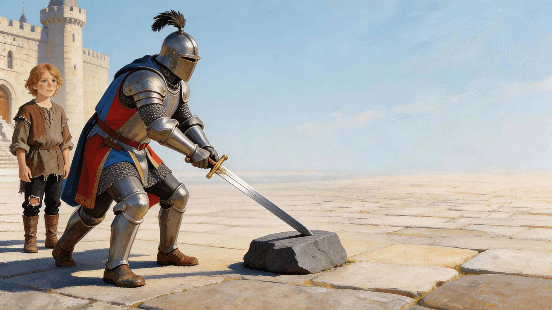 Ilustración de la escena 2: El Rey Arturo y la espada en la piedra