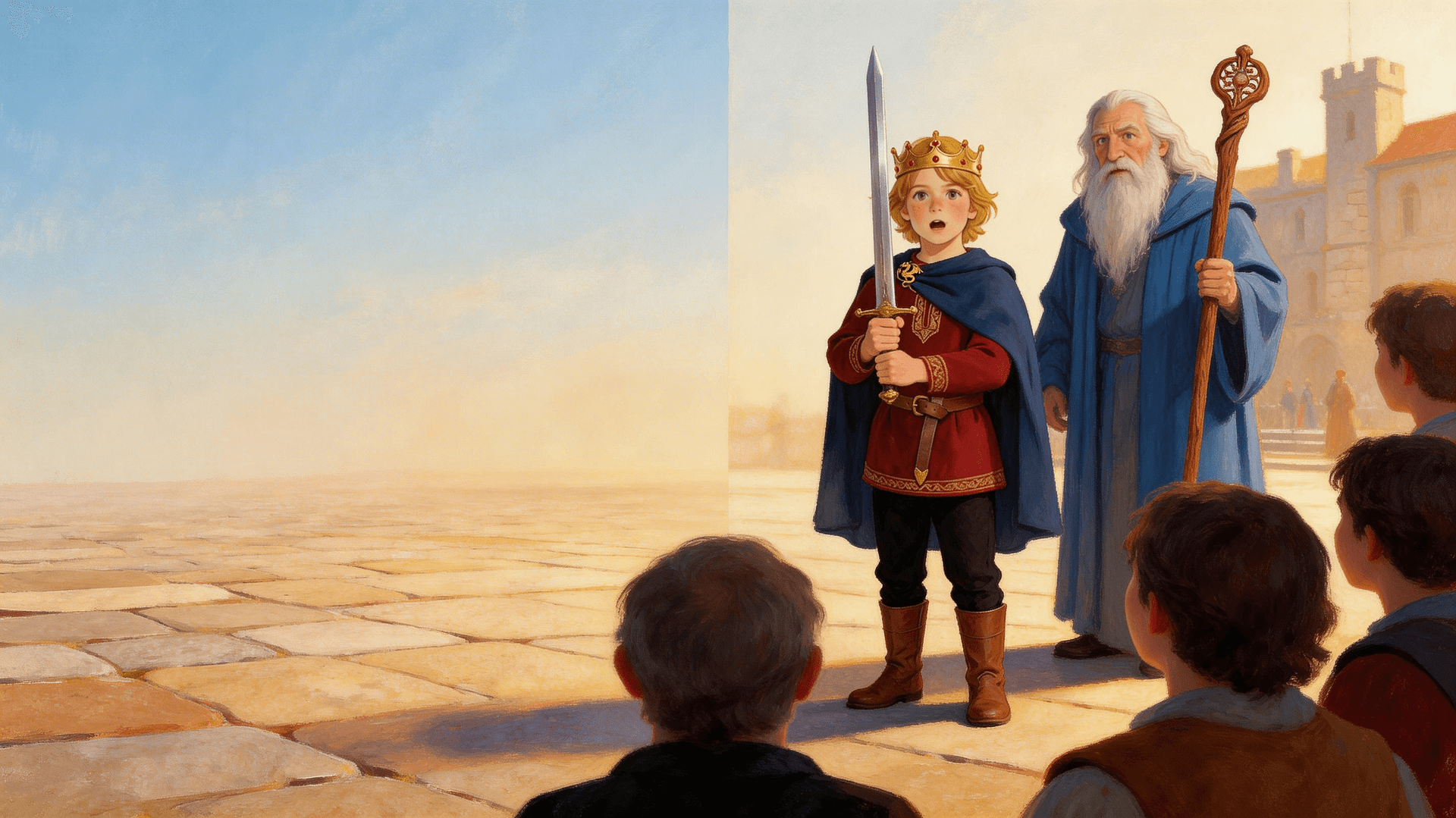 Ilustración de la escena 5: El Rey Arturo y la espada en la piedra