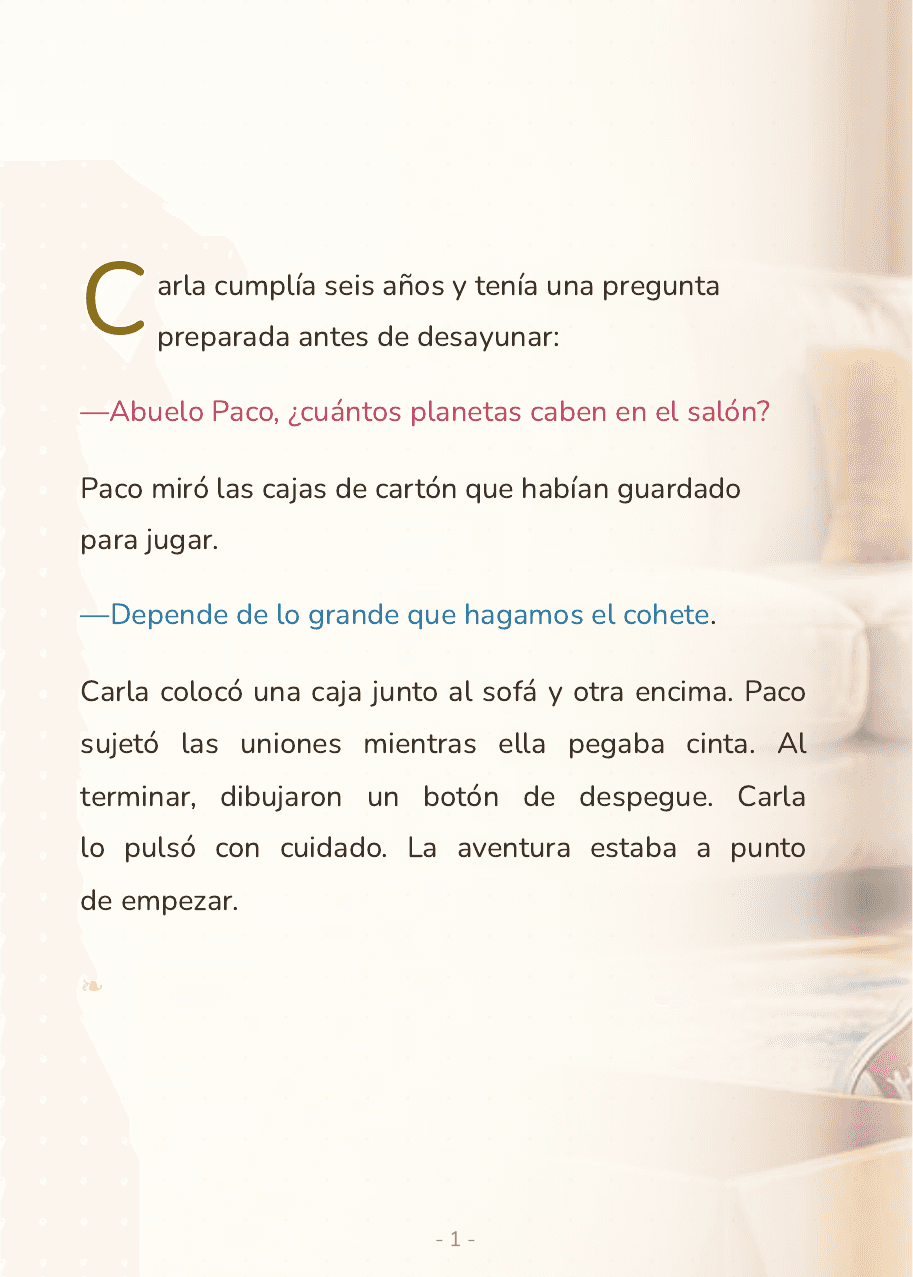 Doble página interior de «Carla y el cohete de cartón»