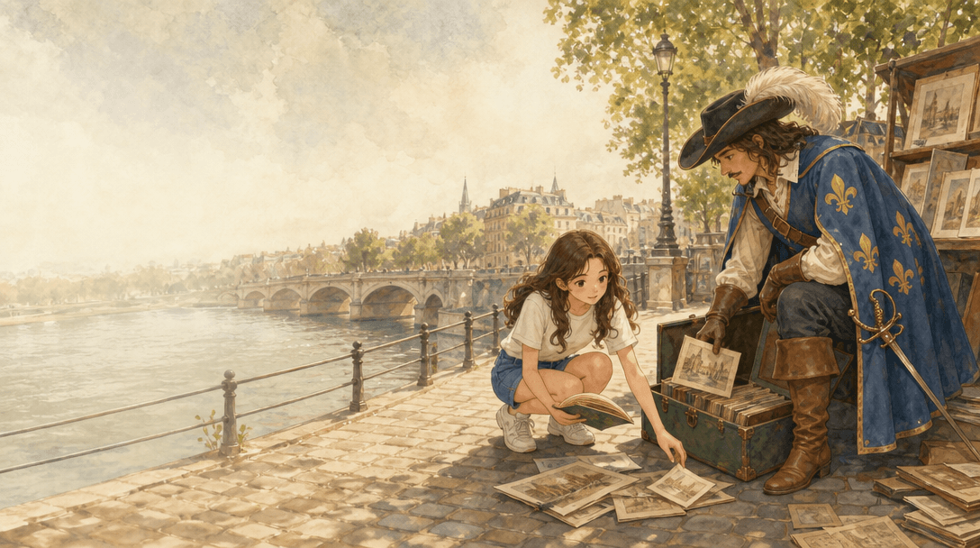 Emma et D'Artagnan dans la scène 2 du conte, avec la même apparence que sur les autres pages