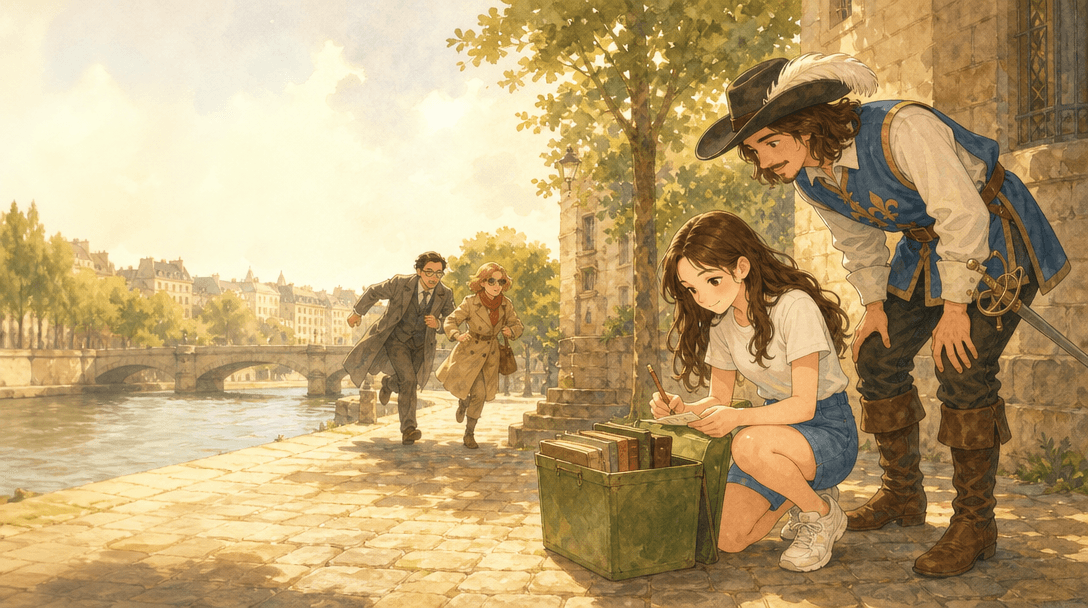 Emma et D'Artagnan dans la scène 3 du conte, avec la même apparence que sur les autres pages