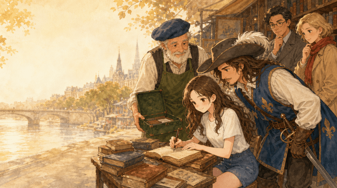 Emma et D'Artagnan dans la scène 4 du conte, avec la même apparence que sur les autres pages