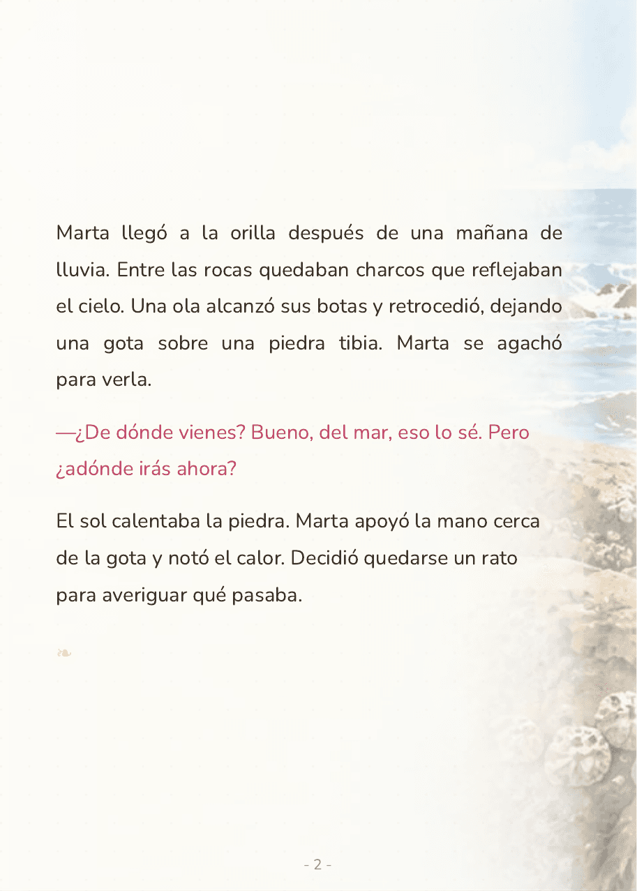 Doble página interior de «Marta y la gota que dio la vuelta al mundo»