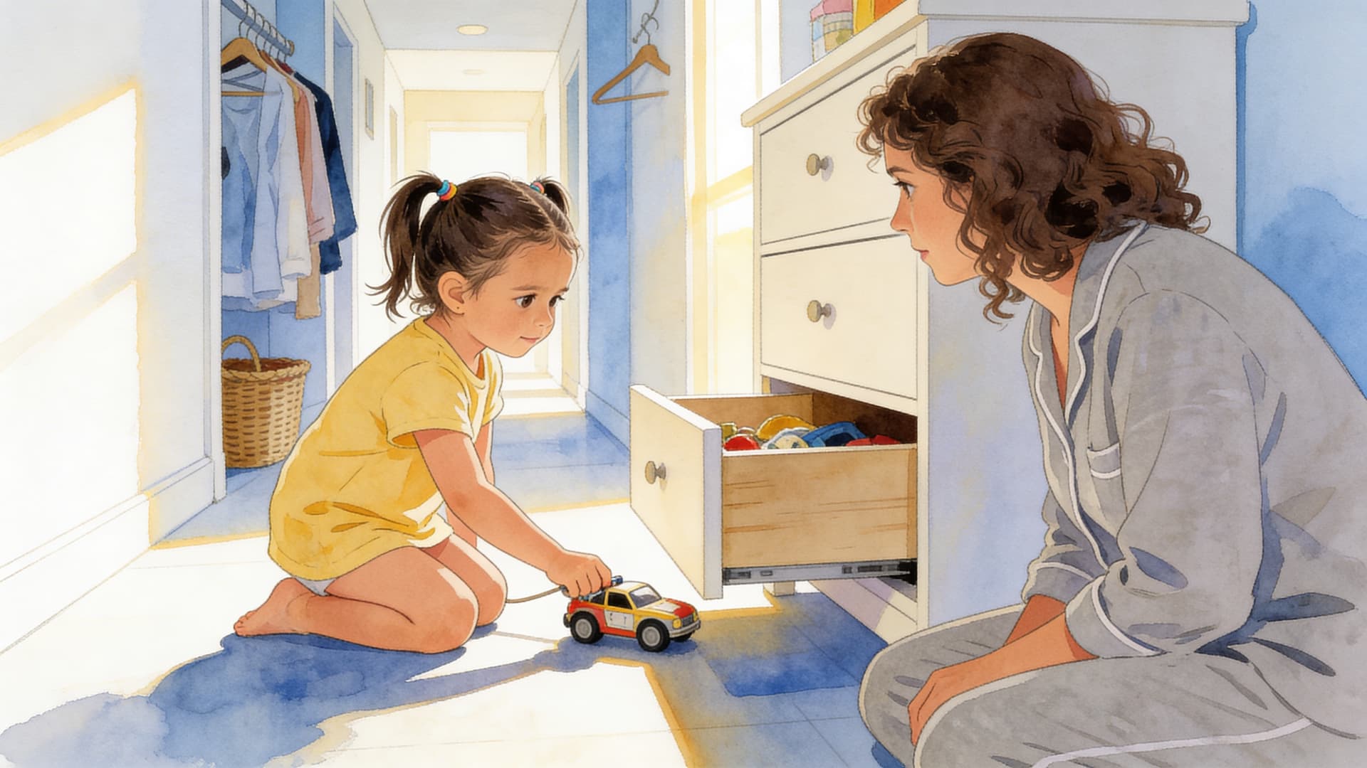 Ilustración de la escena 3: Valentina, ¿dónde está mi chupete?