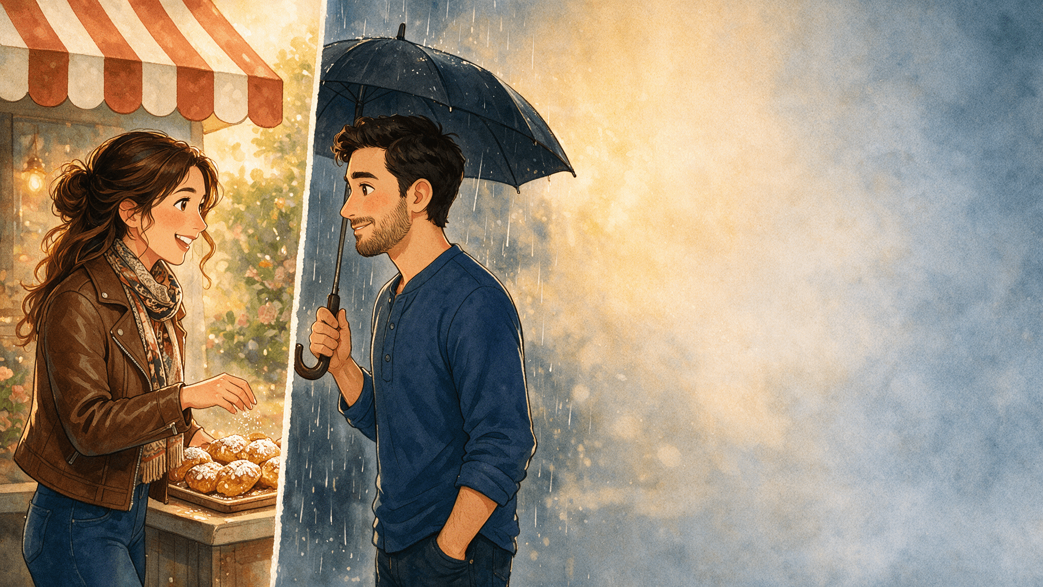 Elena and Amir in scene 1 of the story, looking exactly as they do on every other page