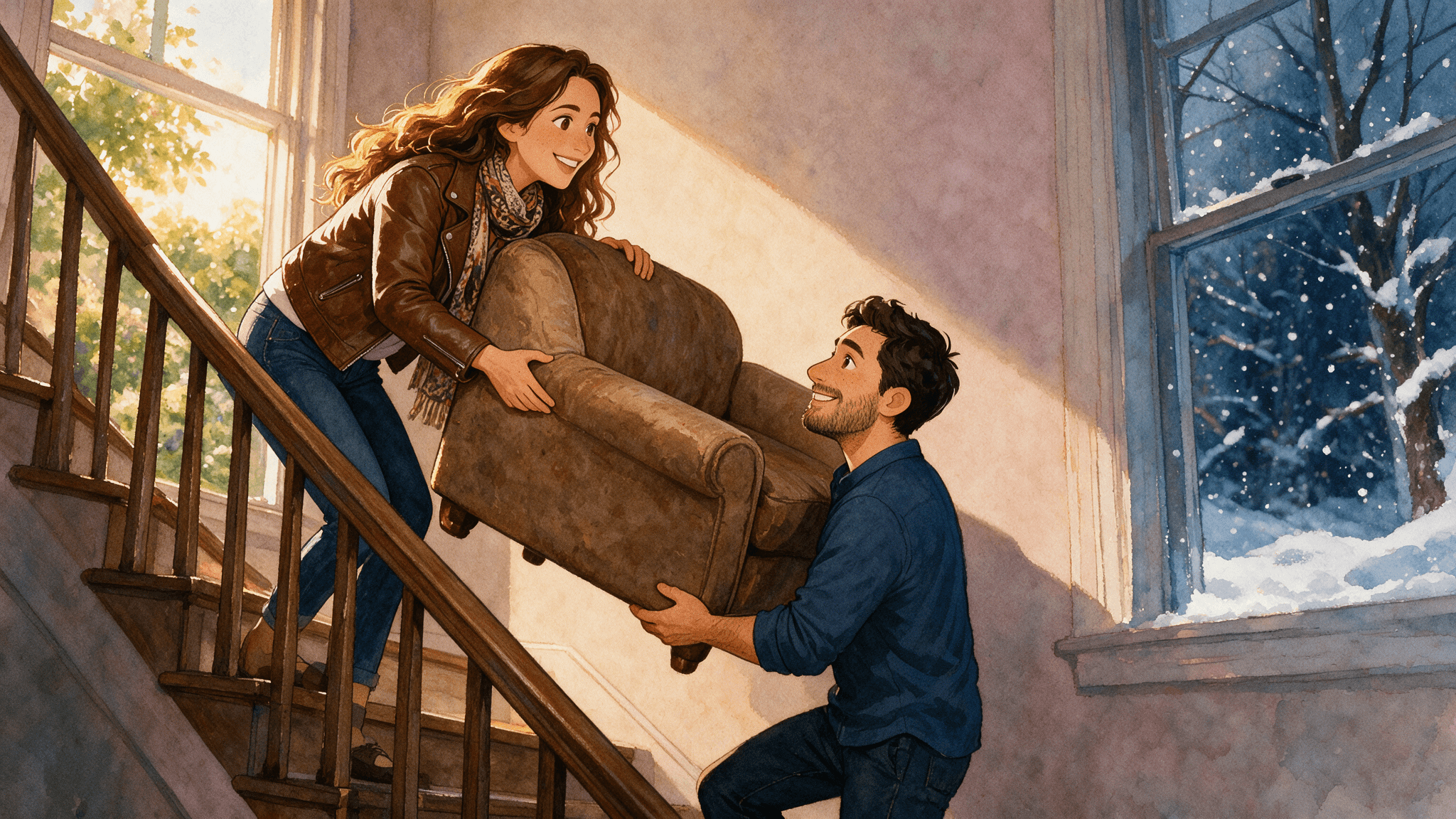 Elena and Amir in scene 3 of the story, looking exactly as they do on every other page