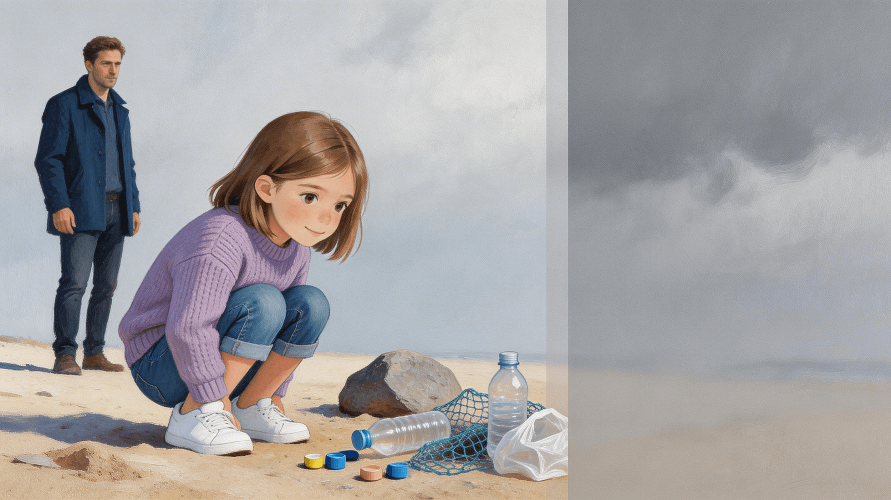 Ilustración de la escena 2: Lara y la playa de los plásticos