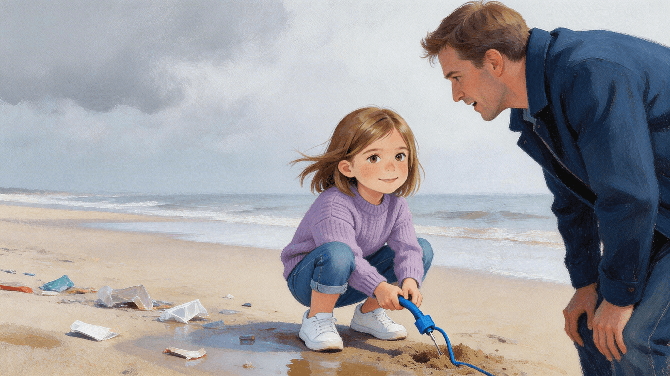 Ilustración de la escena 3: Lara y la playa de los plásticos