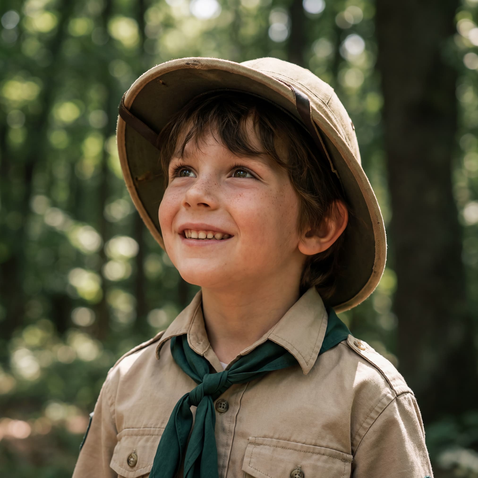Fotografía original de un niño explorador con su gato en el bosque
